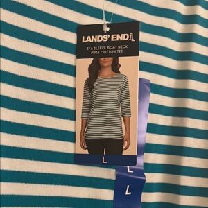Women’s size large Lands' End Fitted Green and White 3/4 Sleeve Top. NWT